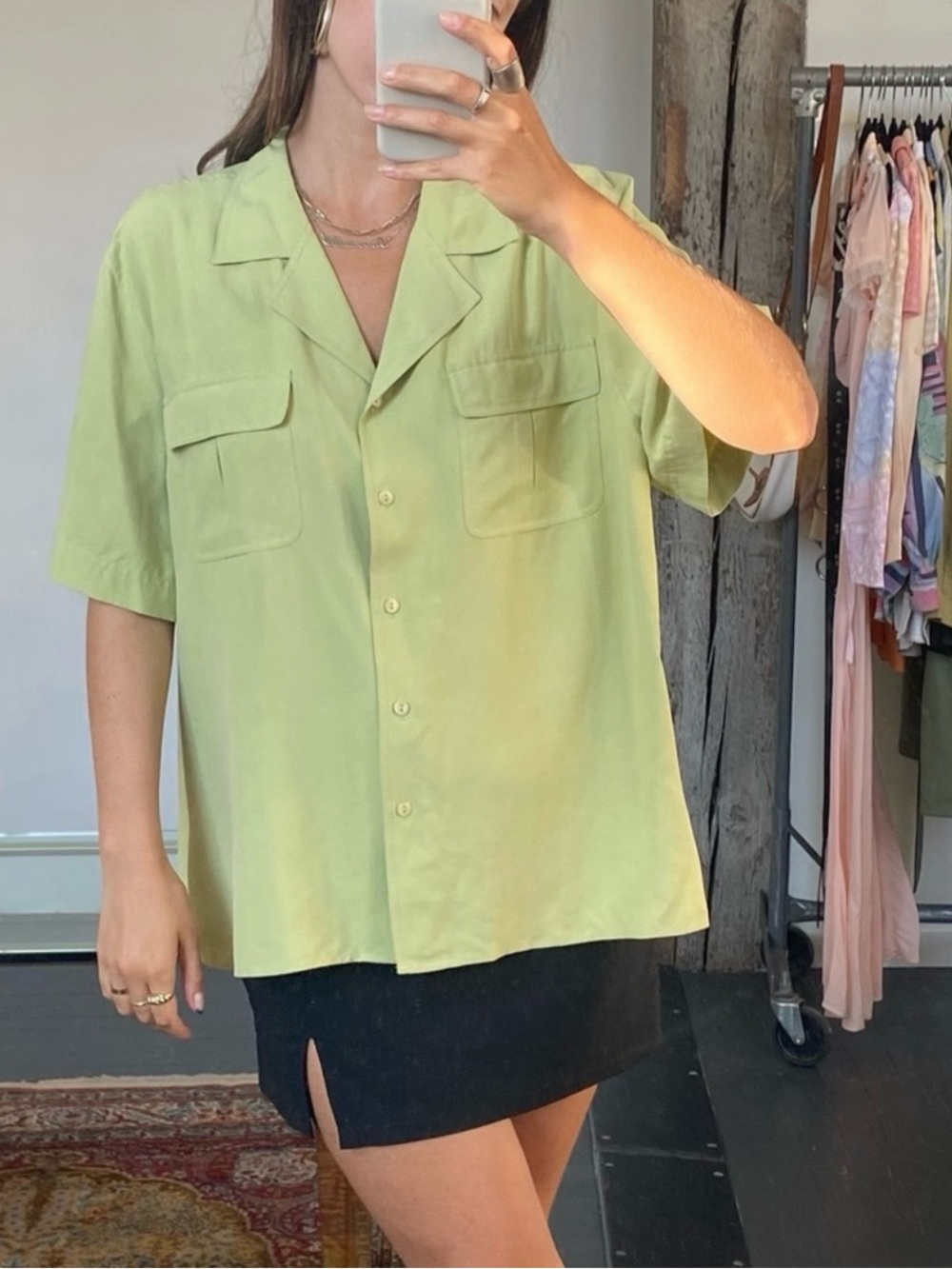 Vintage Sage Green 100% silk Short-Sleeve Shirt